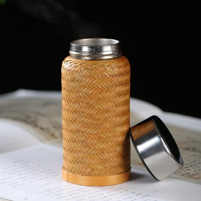 高颜值手工竹编竹丝纯钛保温杯显温旅行便携泡茶杯水杯水壶1件