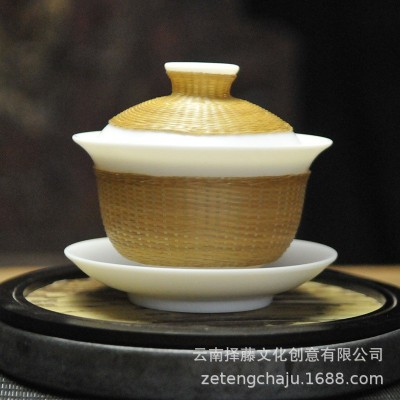 非遗竹丝扣瓷德化羊脂白玉瓷盖碗家用办公室主人杯品茗杯茶具套装1件