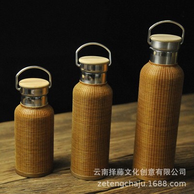 竹丝精编保温杯非遗手工竹丝扣瓷304不锈钢便携旅行茶杯创意礼品2件
