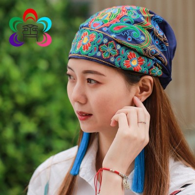 中国民族风绣花头巾帽松紧发篐女刺绣头饰包头帽2顶