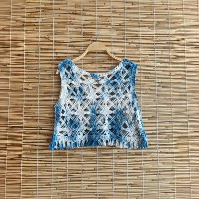云南甜美蓝色扎染钩花镂空针织吊带背心女夏外穿叠穿无袖坎肩钩花  3件