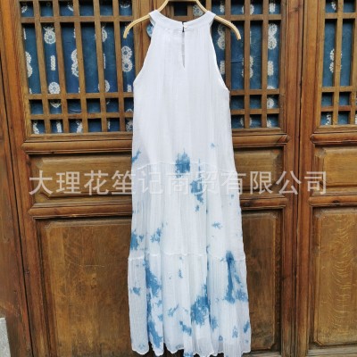云南大理手工扎染连衣裙板蓝根植物蓝染挂脖裙夏季旅游度假长裙 2件图3