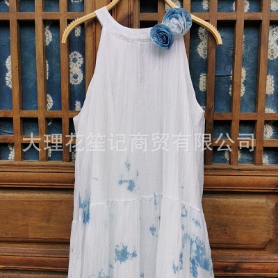 云南大理手工扎染连衣裙板蓝根植物蓝染挂脖裙夏季旅游度假长裙 2件图2