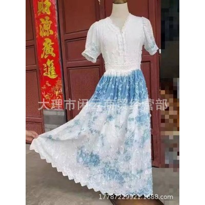 重工压花长裙收腰V领满绣连衣裙云南大理手工扎染蓝染裙子气质     2件图5