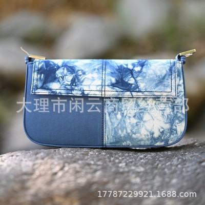 蓝染布艺小挎包扎染帆布拼接休闲包女士信封包云南大理丽江女包    1个图4
