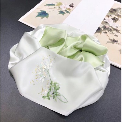春季新品苏绣丝巾真丝长巾高档纯手工刺绣兰花围巾中国风丝绸礼品 2条图5