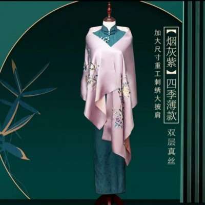 14新款绣花防晒披肩女 单面刺绣双层四季多用丝巾 厂家批发古风围 1条图3
