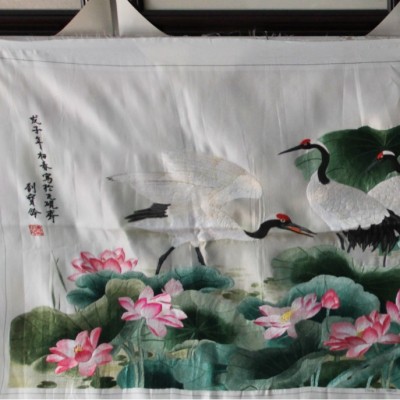 苏绣绣片客厅办公室装饰画苏州手工刺绣百骏图荷花图 1个