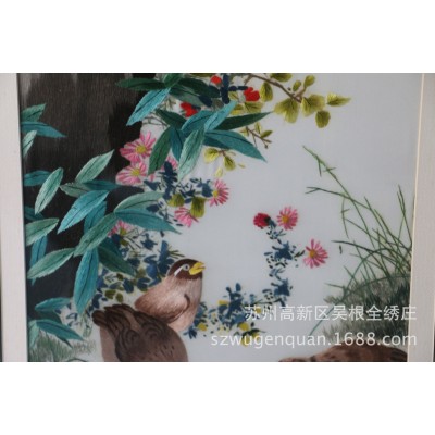 厂家生产苏绣成品客厅书房带框挂画苏州手工刺绣画颜伯龙花鸟条屏  1个图3