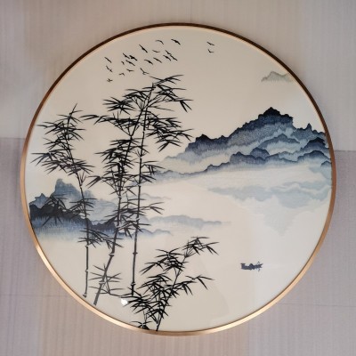 圆框成品装饰画苏绣挂画银杏九鱼图机绣年年有余80cm玄关画客厅画 2幅图2