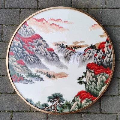 圆框成品装饰画苏绣挂画银杏九鱼图机绣年年有余80cm玄关画客厅画 2幅图4