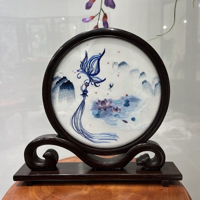 苏绣成品摆件 手工刺绣屏风双面古风居家装饰台屏工艺绣品摆件 2件图2