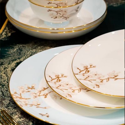 新款陶瓷餐具套装礼品玉兰花韵景德镇高温碗碟镶金骨瓷家用套装 1件图5