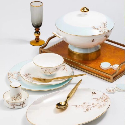 新款陶瓷餐具套装礼品玉兰花韵景德镇高温碗碟镶金骨瓷家用套装 1件图2